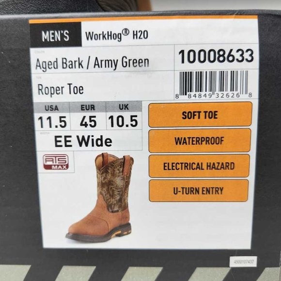Men\'s 11.5 EE Wide Ariat WorkHog H20 roper soft toe work western boots 10008633 main image 4